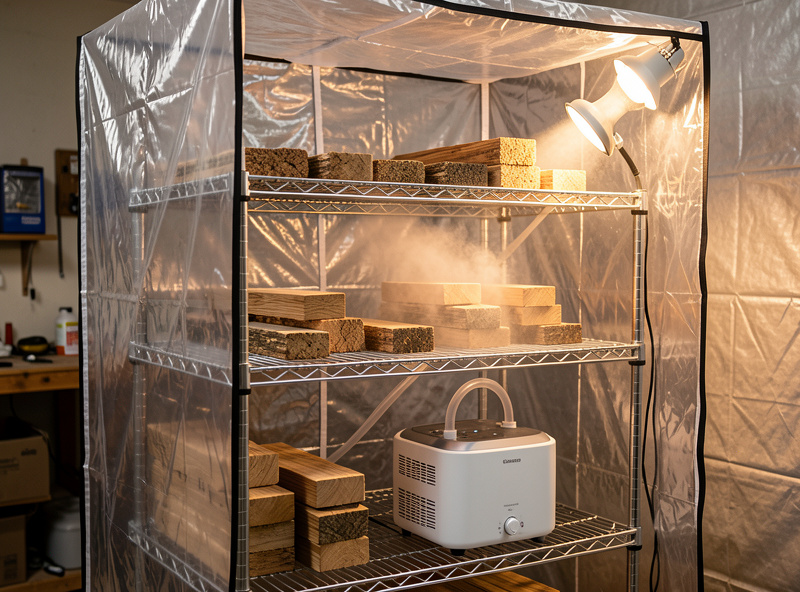 Wire shelving unit wrapped in a zippered plastic cover with mushroom blocks and a humidifier inside