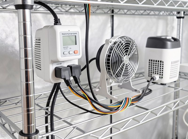 Power strip with a humidistat controller and repeat-cycle timer wired to a fan and humidifier on a grow tent