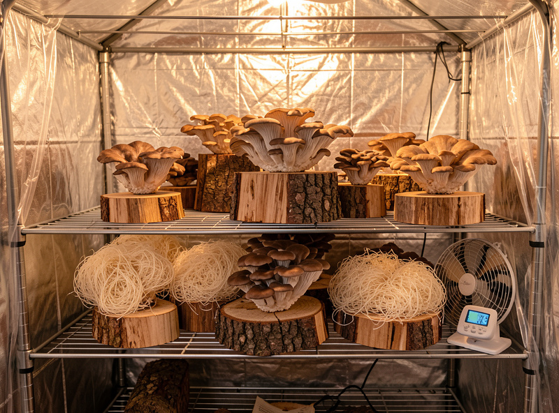 Oyster and lion's mane mushrooms fruiting on hardwood blocks inside a plastic-wrapped wire grow tent
