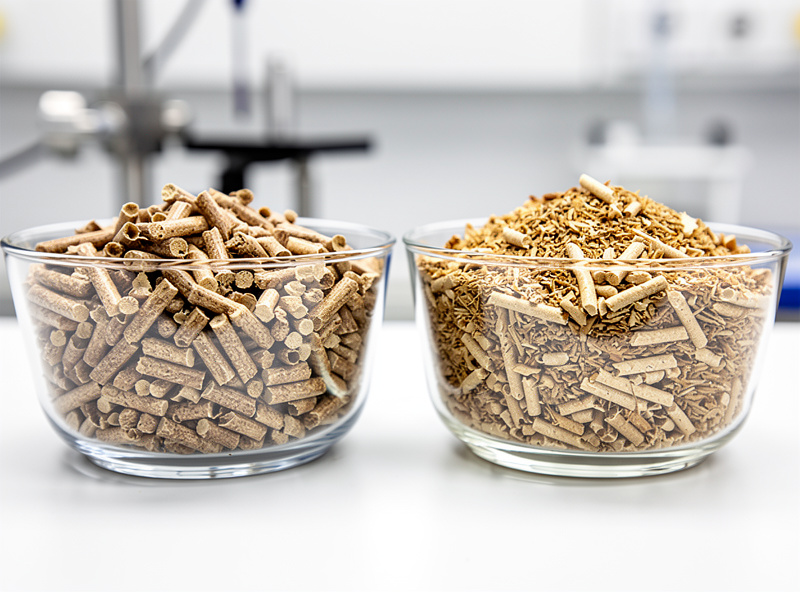 Hardwood sawdust pellets and soybean hull pellets measured in equal portions for Masters Mix substrate