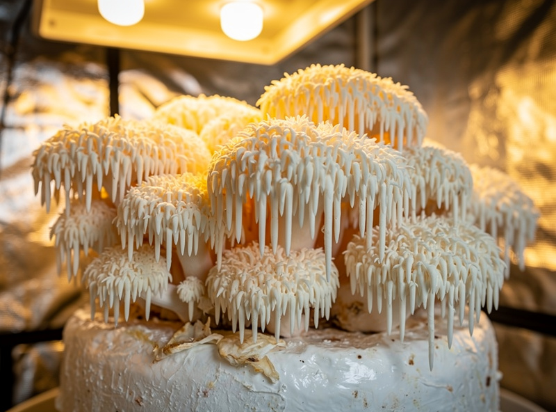 Fully colonised white Masters Mix block fruiting a heavy first flush of lion's mane mushroom