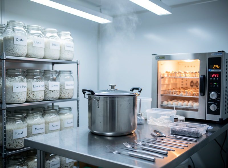 Mushroom cultivation lab with pressure cooker, grain spawn jars, incubation chamber with heater, fruiting tent with humidifier, organized indoor setup