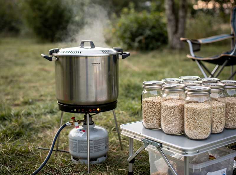 Propane burner with pressure cooker for mushroom substrate sterilization, outdoor setup, grain spawn jars visible, field mycology equipment