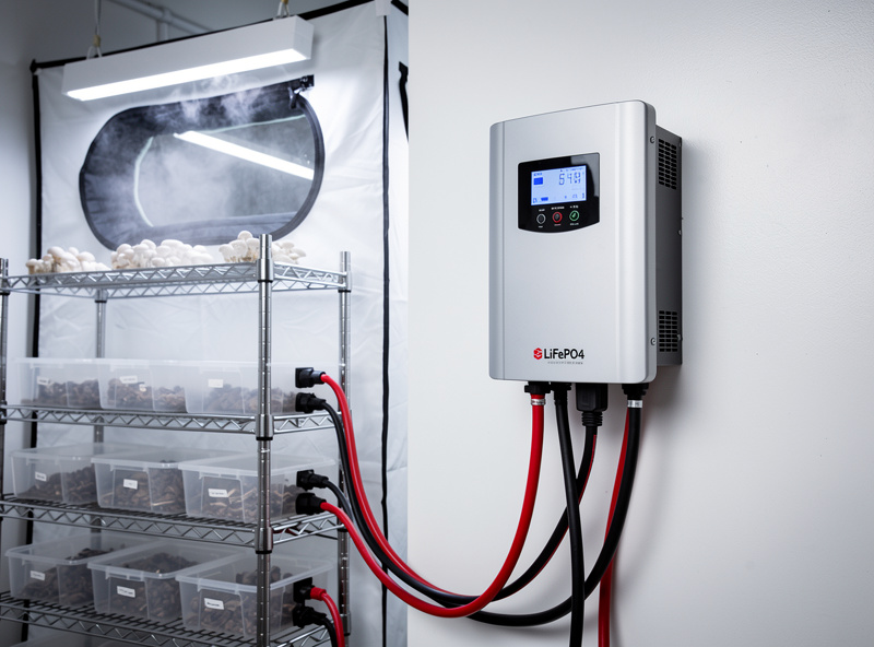 LiFePO4 battery bank with pure sine wave inverter, cables running to mushroom lab equipment, incubation chamber and fruiting tent in background