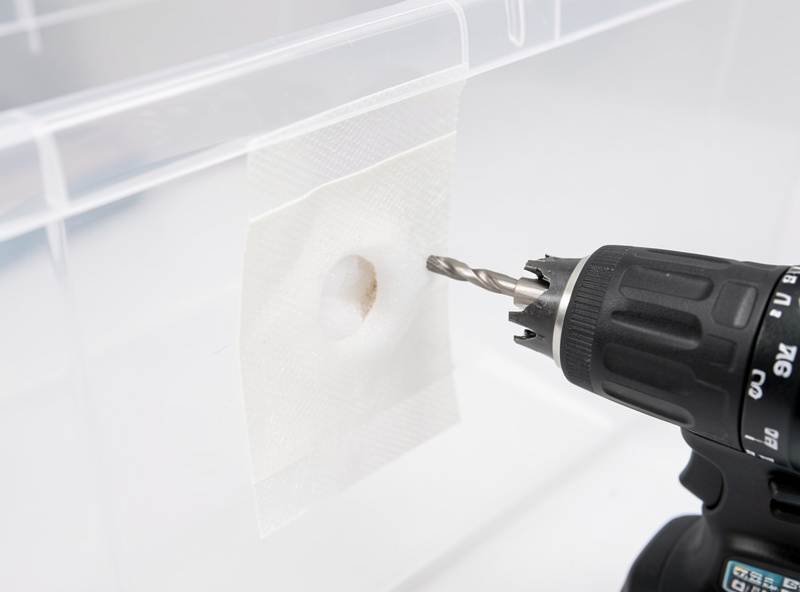 A two-inch hole drilled in a tub wall stuffed with polyfill and a piece of micropore tape ready to cover it