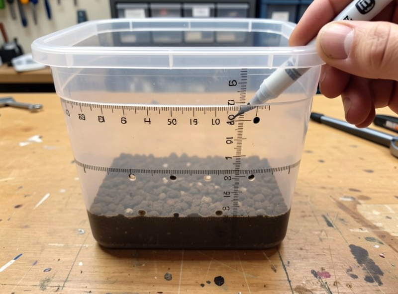 A clear tub marked with measuring tape showing two rows of hole positions at and above the substrate line