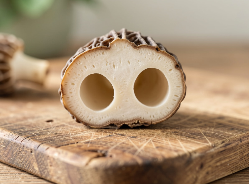 Cross-section of a true morel sliced lengthwise showing the completely hollow interior