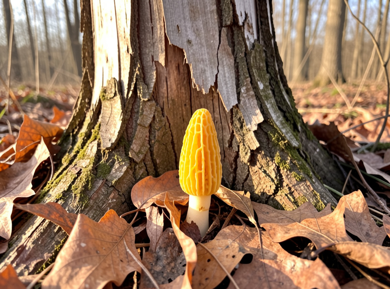 Yellow morel mushroom emerging from leaf litter beside a dead elm in spring woodland