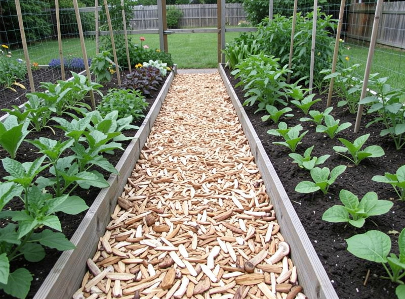 Wood-chip wine cap mushroom strip running between planted vegetable rows in a garden
