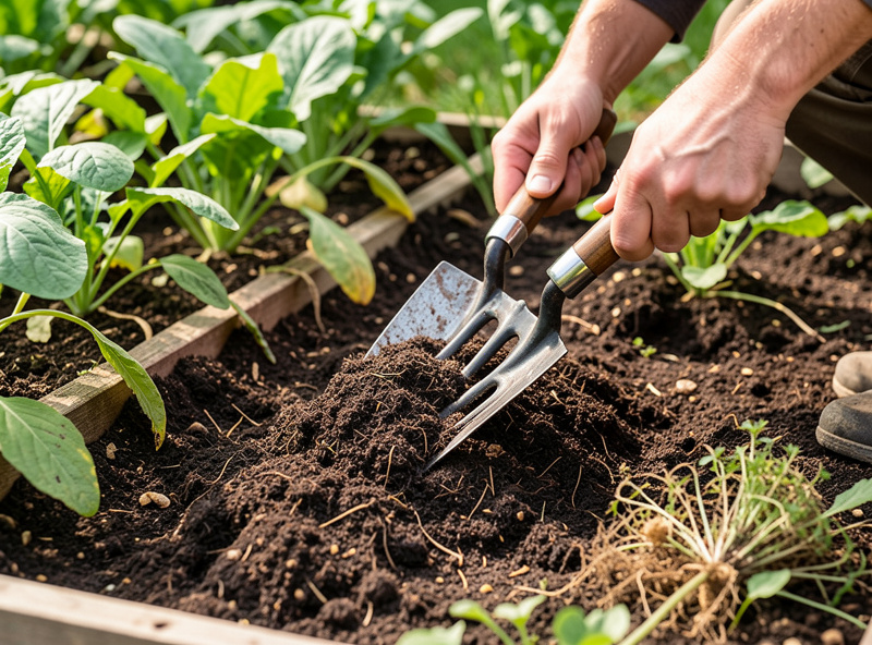 Hands forking dark crumbly spent mushroom substrate into a garden vegetable bed