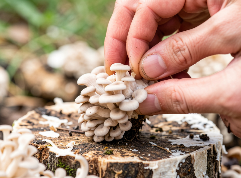 A full cluster of pearl oyster mushrooms at perfect harvest maturity in a fruiting tub