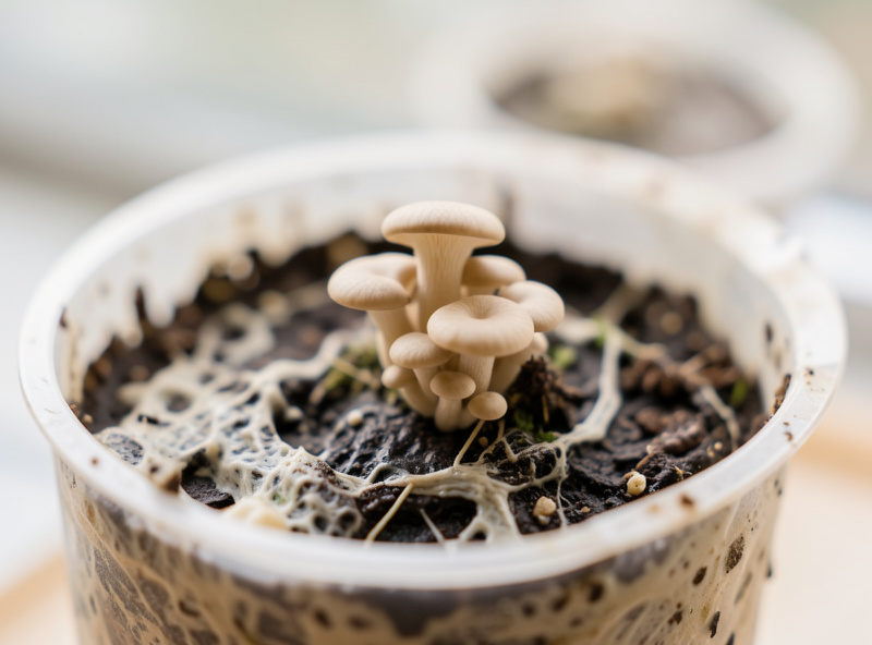 A second flush of smaller oyster mushroom clusters forming on a rested tub