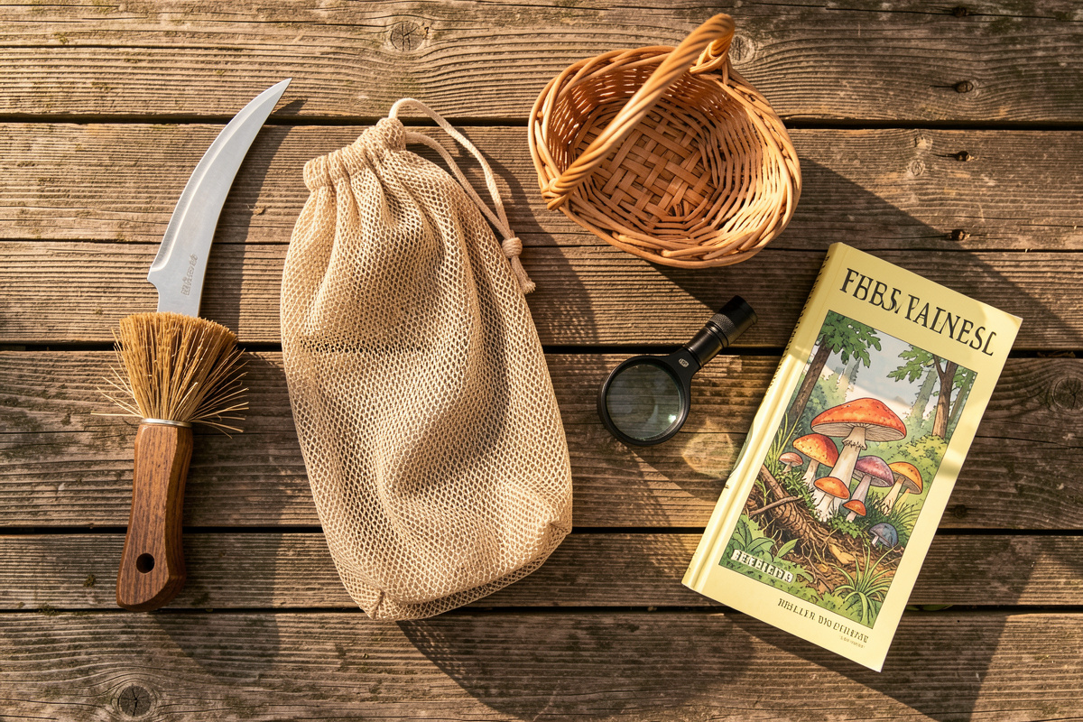 Flat lay of essential mushroom foraging gear including a curved knife with brush, mesh bag, and field guide