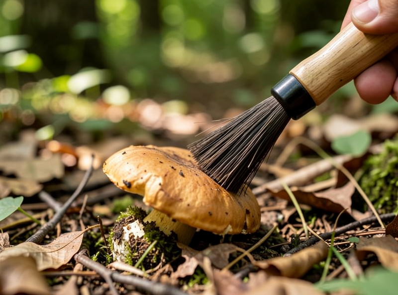 Curved mushroom knife with brush cutting a mushroom at the base in a forest