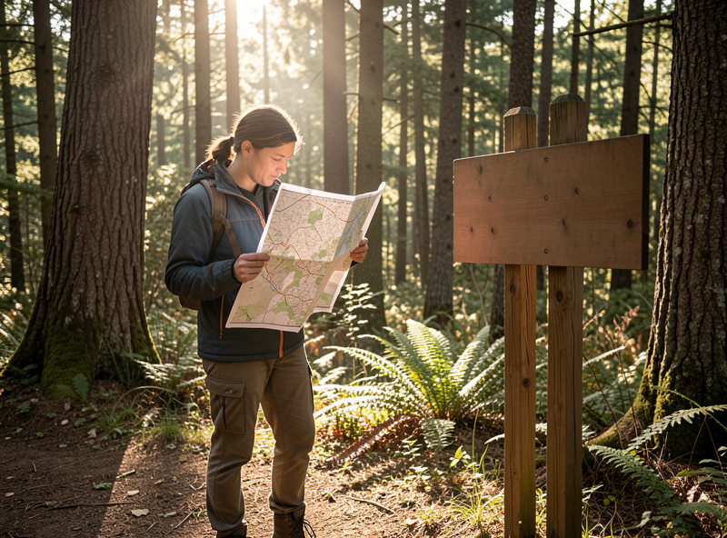 A forager studying a trail map at a forest trailhead signpost on a sunny morning
