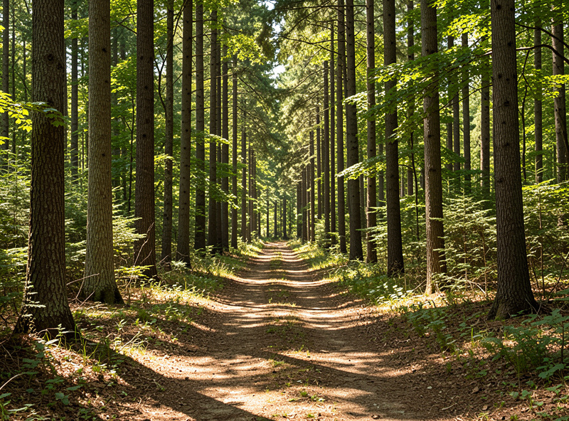 A sunlit path through a national forest with tall trees and dappled light