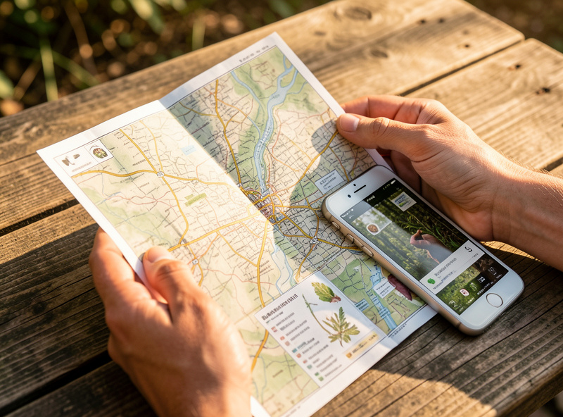 Hands holding a paper map and phone planning a foraging trip on a wooden table