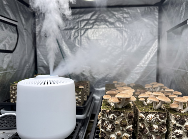 Ultrasonic humidifier pushing cool fog into a mushroom fruiting tent with fruiting blocks