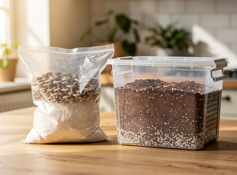 A pre-made oyster mushroom grow kit bag beside an open DIY monotub with grain spawn, showing the two beginner cultivation paths side by side