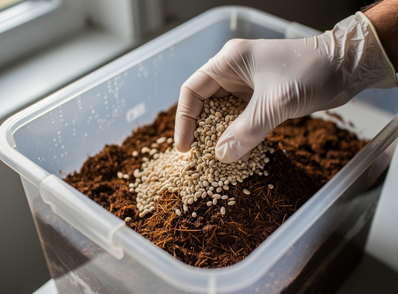 Close-up of a gloved hand mixing oyster grain spawn into hydrated coir substrate inside a clear monotub during inoculation