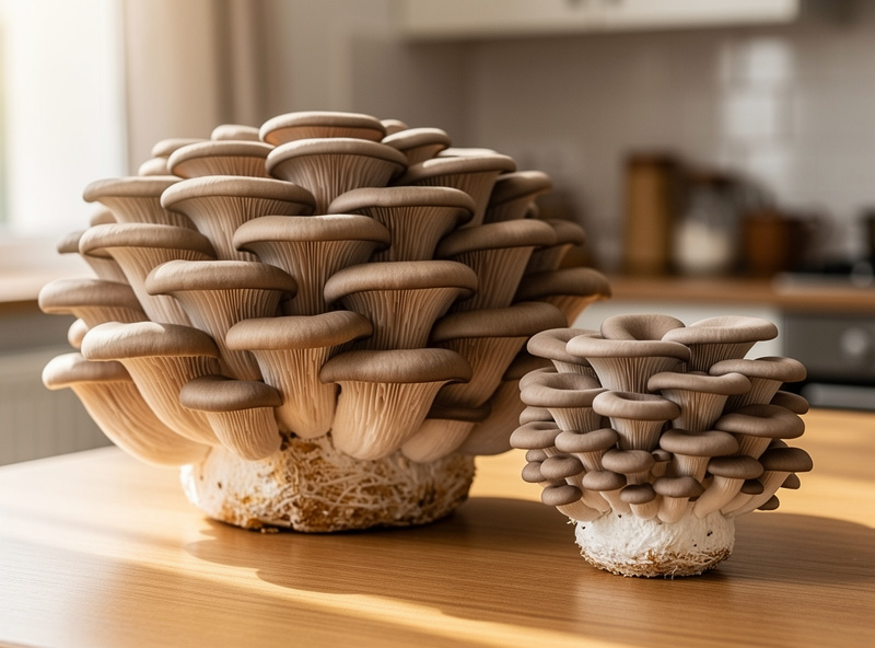 A cluster of pearl oyster mushrooms harvested from a home monotub next to a smaller flush from a grow kit, comparing the two yields