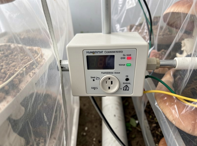 Mushroom grow room automation setup with a humidistat controller, smart plugs, and timers wired to a fruiting tent