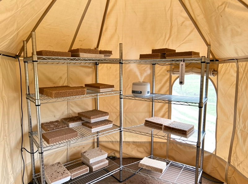 Martha-style mushroom fruiting tent with wire shelves holding fruiting blocks and an ultrasonic humidifier