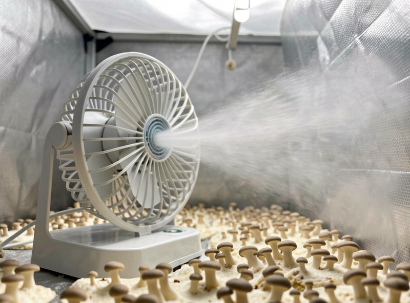 Circulation fan and humidifier mist inside a mushroom fruiting tent maintaining airflow