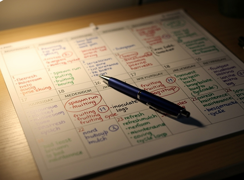 A wall planner calendar marked with indoor monotub cycles and outdoor mushroom log and bed tasks across the twelve months of a year