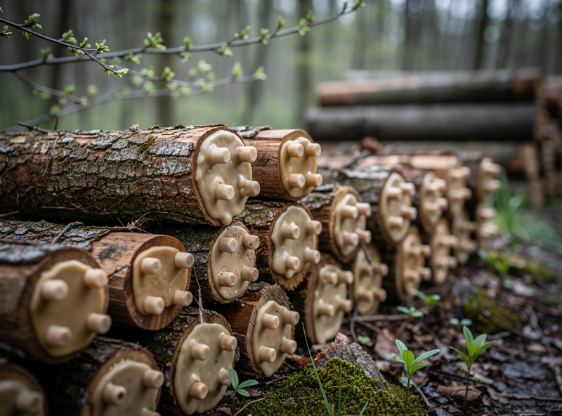 Freshly inoculated hardwood shiitake logs stacked in dappled shade outdoors in early spring, wax-sealed plug spawn holes visible