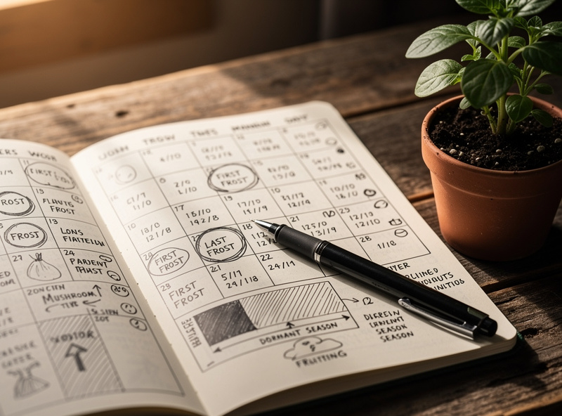 A grower's notebook showing a personalized mushroom cultivation calendar with frost dates and dormant-season windows marked for a local climate zone