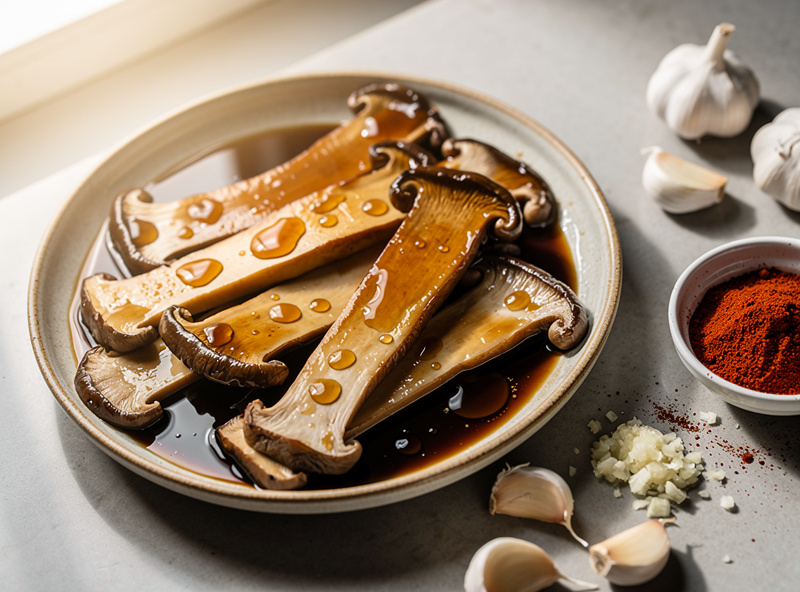 King oyster mushrooms sliced into thick strips marinating in a dark soy and maple marinade in a shallow dish, ready for the dehydrator