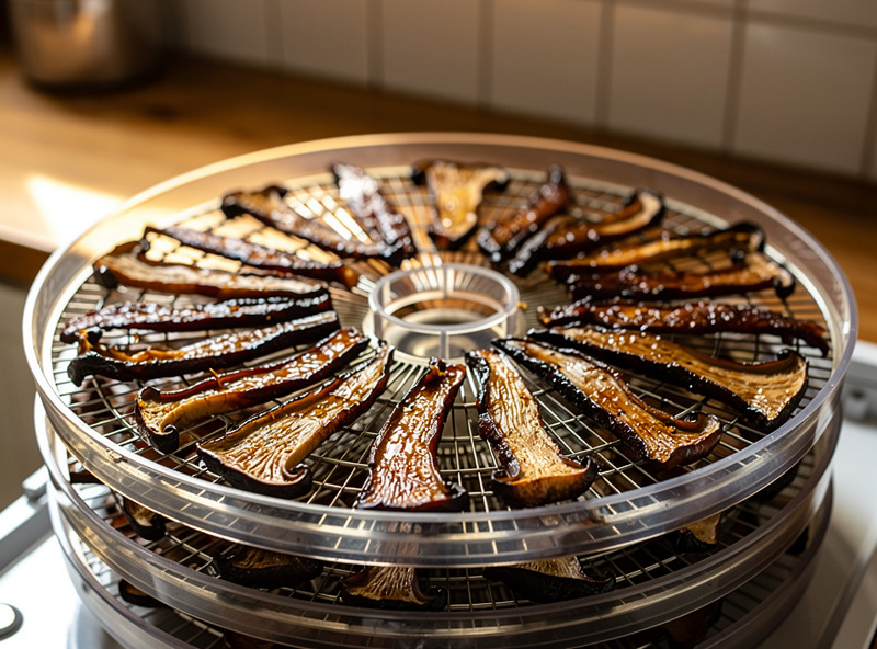 Marinated mushroom jerky strips arranged on dehydrator trays partway through drying, glossy and darkening, kitchen scene