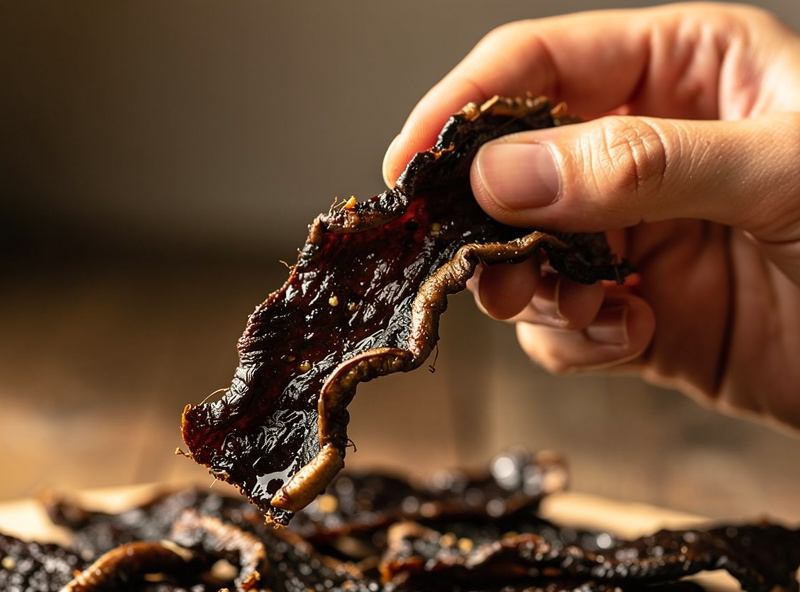 Finished chewy mushroom jerky strips piled in a small bowl, dark and glossy with a smoky sheen, warm editorial food photography
