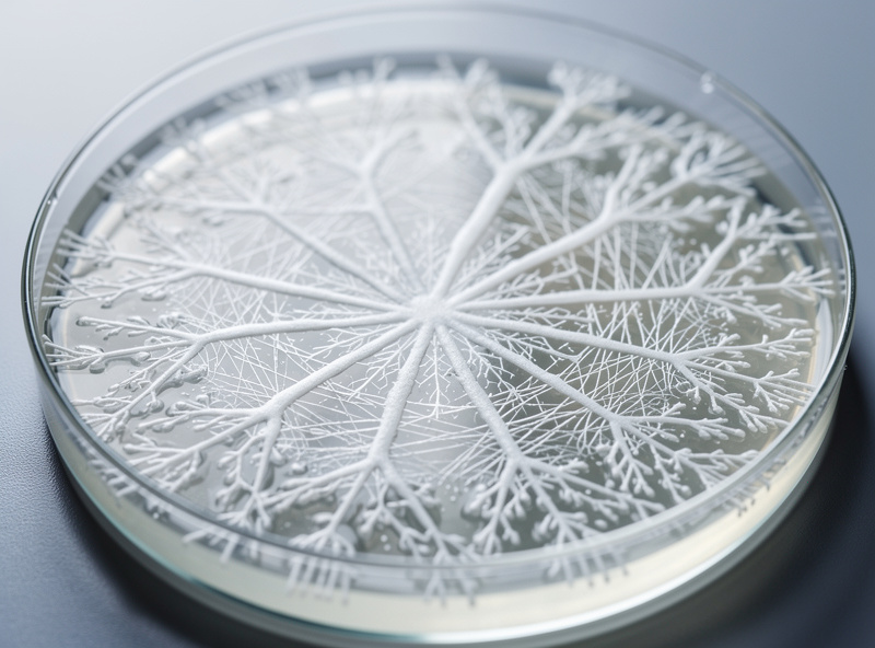 Close-up of white branching mushroom mycelium spreading across a clear agar plate, showing the hyphal network stage of the life cycle