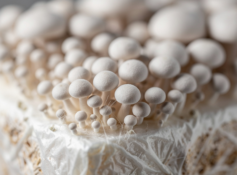Tiny white pinhead primordia of oyster mushrooms forming in a cluster on a colonised substrate block, the pinning stage