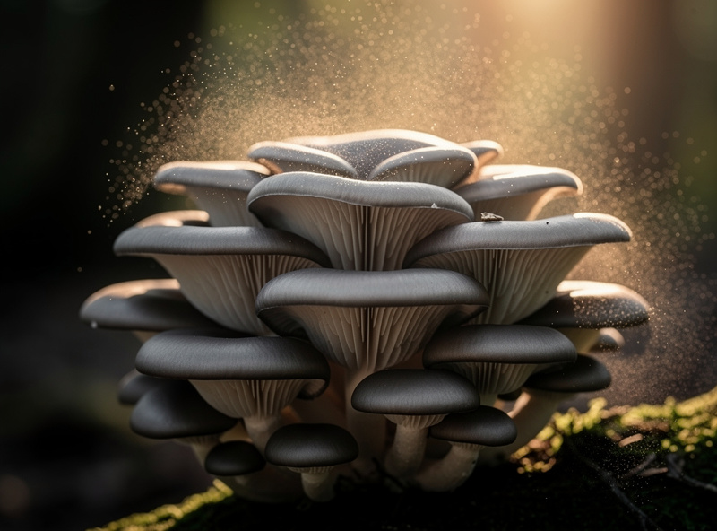 A mature cluster of oyster mushrooms with fully unfurled caps releasing spores, the final fruiting body stage of the life cycle