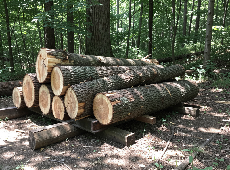 Freshly cut hardwood logs resting in shade before mushroom inoculation