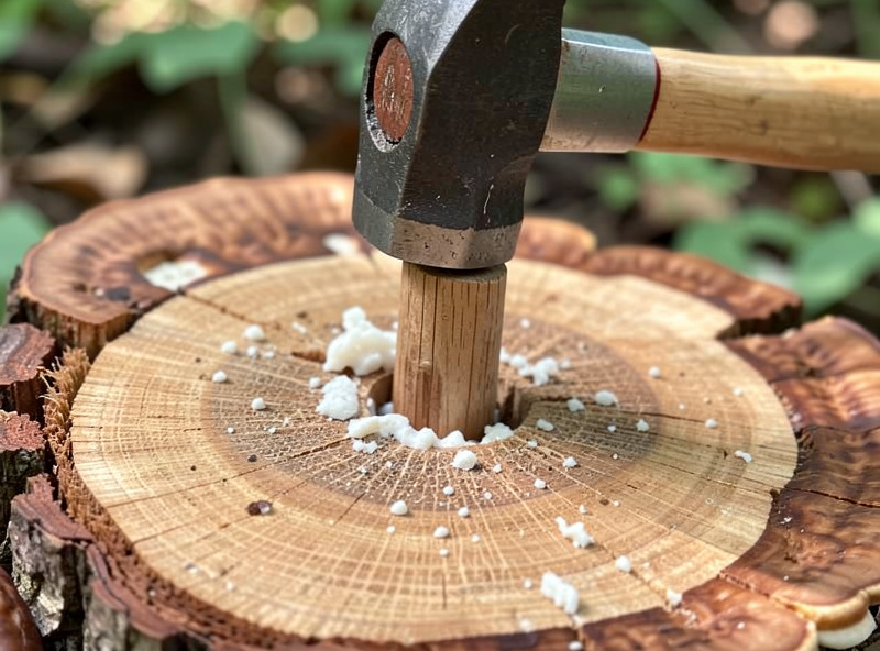 Hammering colonized dowel plugs into drilled holes on a hardwood mushroom log