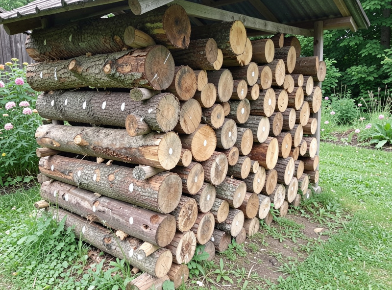 Inoculated hardwood mushroom logs crib-stacked in shade for the spawn run