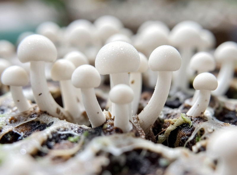Tiny mushroom primordia and pins forming across a fully colonized white substrate surface