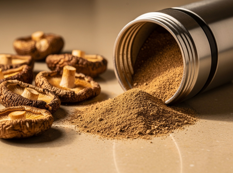 Snap-dry shiitake and porcini slices beside a spice grinder half-filled with fine brown mushroom powder on a kitchen counter
