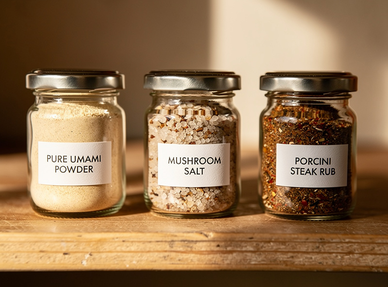 Three small jars of mushroom seasoning blends - pure umami powder, mushroom salt, and porcini steak rub - labelled on a wooden shelf