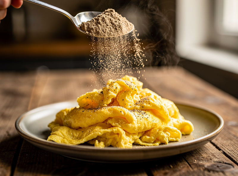 Mushroom umami powder being dusted from a spoon over a plate of scrambled eggs as a finishing seasoning, warm editorial food photography