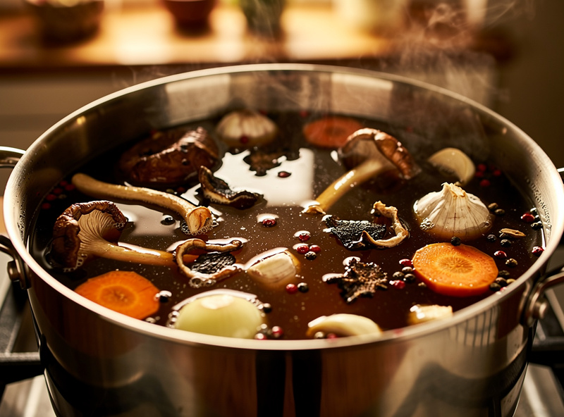 A pot of mushroom stock simmering with shiitake stems, dried mushrooms, onion, carrot, garlic and peppercorns, dark amber liquid