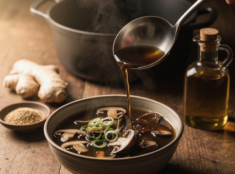A bowl of rich mushroom broth with miso, ginger and sliced green onion being ladled from a pot, steam rising, warm editorial food photography