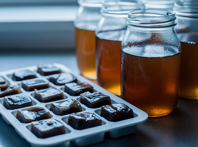 Concentrated mushroom stock frozen into cubes in a silicone tray beside jars of finished amber stock, food preservation scene