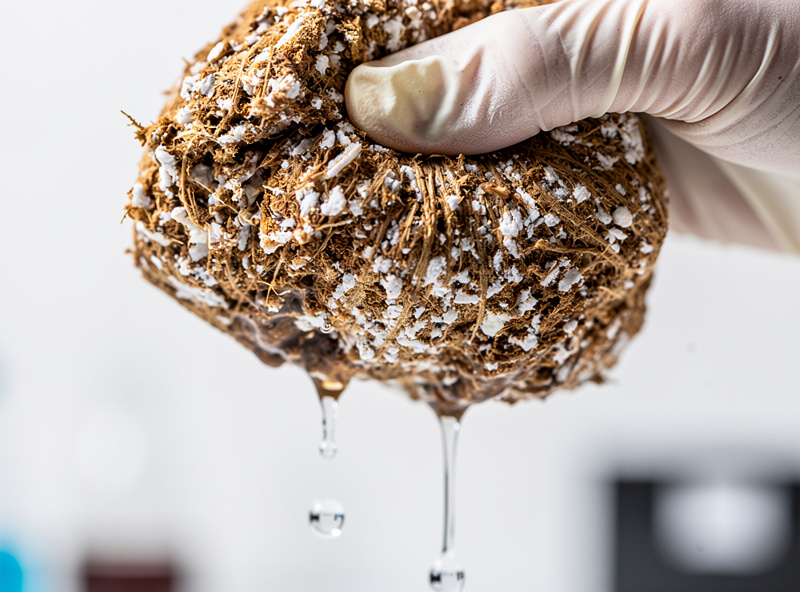 A gloved hand squeezing a handful of hydrated mushroom substrate releasing two drops of water in the field-capacity squeeze test