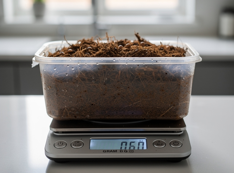 A digital gram scale weighing a tub of hydrated mushroom substrate to confirm field-capacity moisture content