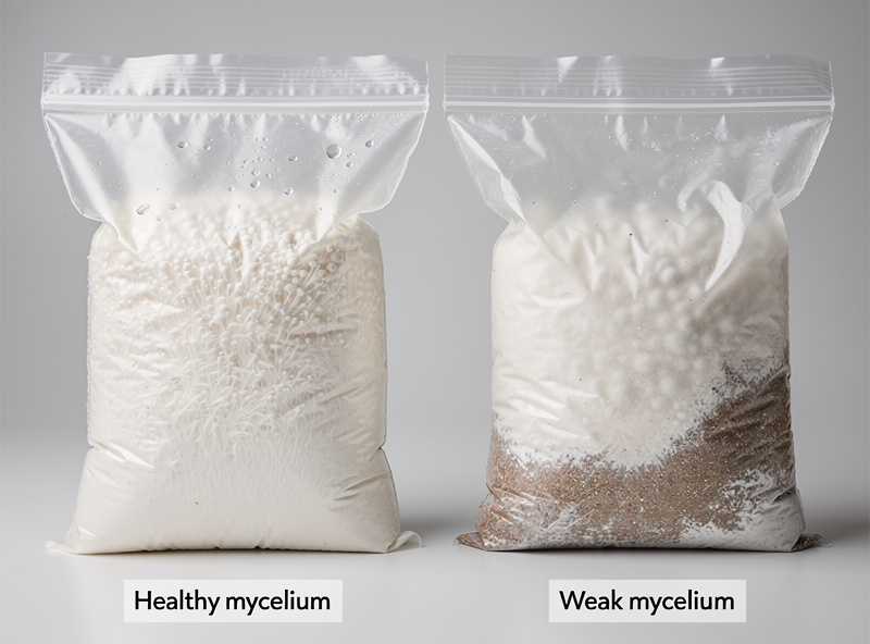 Two clear grow bags side by side, one with healthy dense white mycelium and one with thin patchy growth from dry substrate